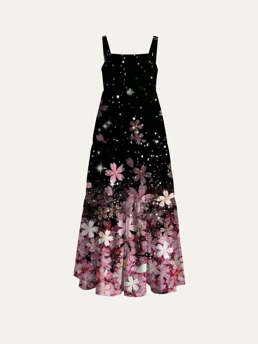 Falling Cherry Blossom Star Adjustable Wide Straps Maxi Dress