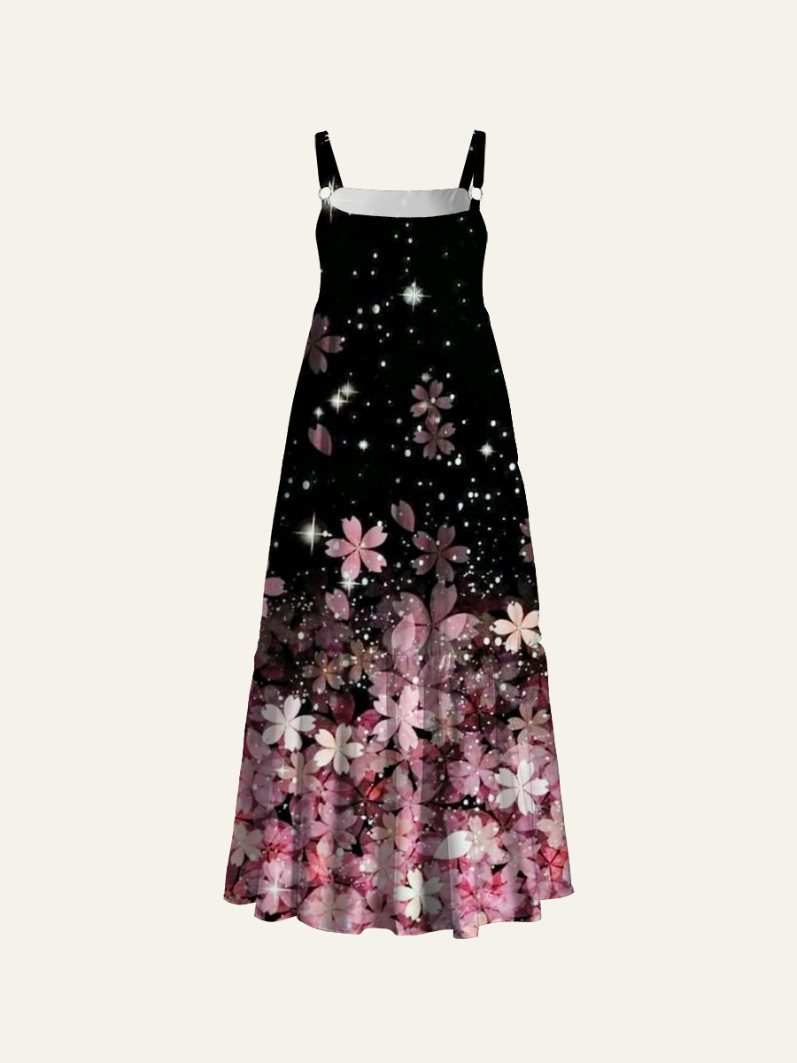 Falling Cherry Blossom Star Adjustable Wide Straps Maxi Dress