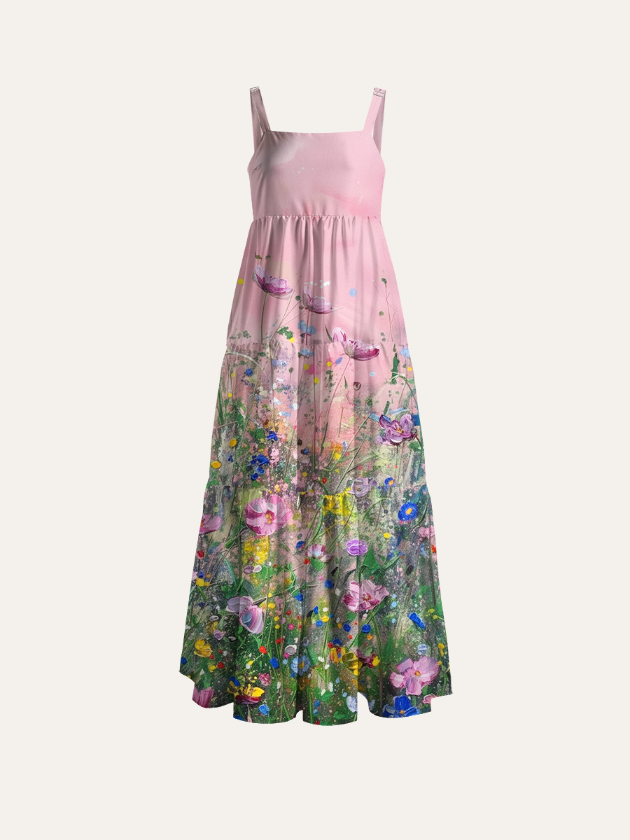 Cottagecore Meadow Adjustable Wide Straps Maxi Dress