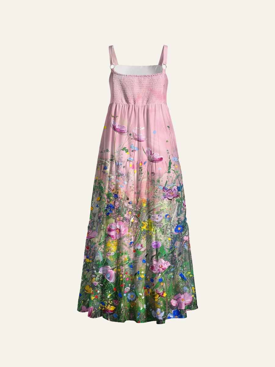 Cottagecore Meadow Adjustable Wide Straps Maxi Dress