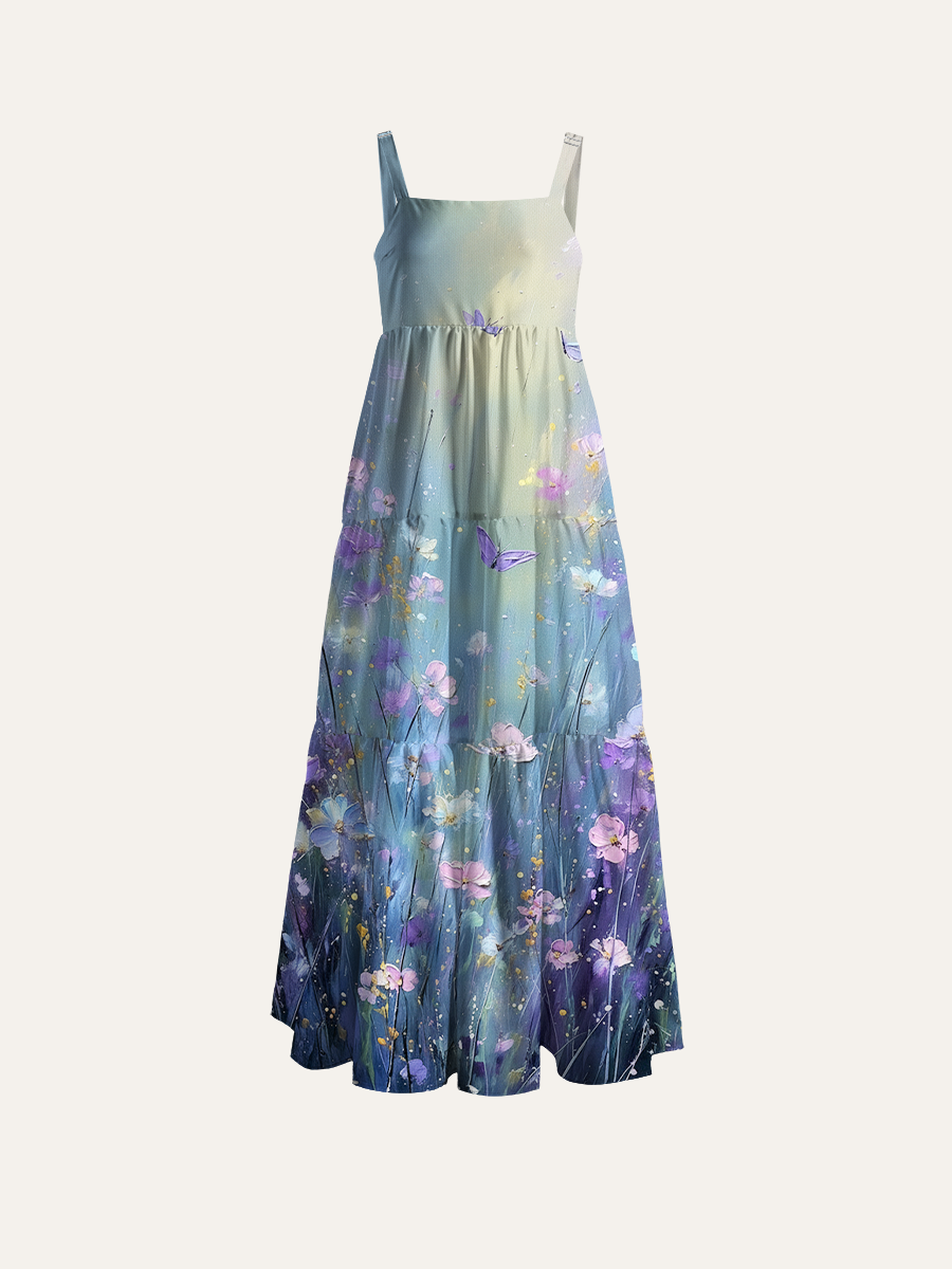 Soft Oil Painting Butterfly Meadow Adjustable Wide Straps Maxi Dress
