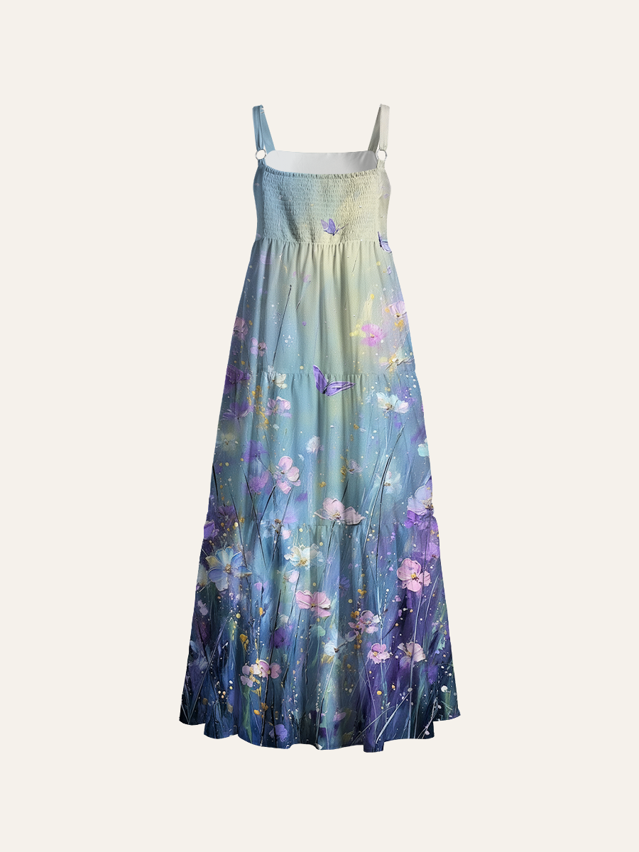 Soft Oil Painting Butterfly Meadow Adjustable Wide Straps Maxi Dress