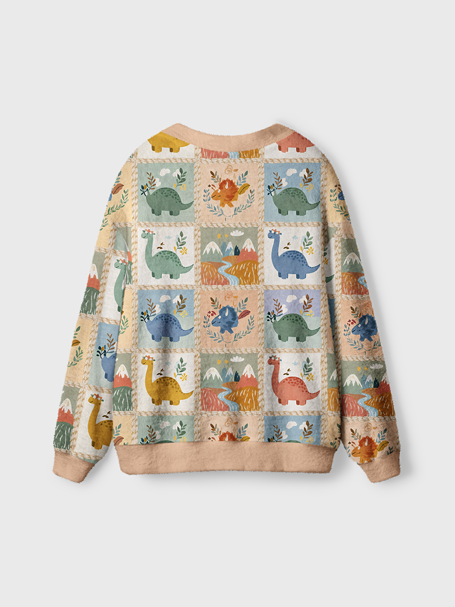 Vintage Retro Patchwork Grid Cartoon Dinosaur Cardigan Sweaters