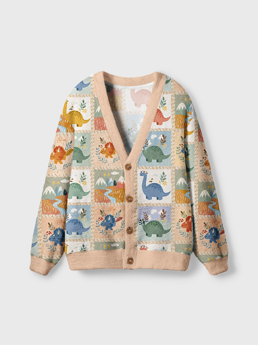 Vintage Retro Patchwork Grid Cartoon Dinosaur Cardigan Sweaters