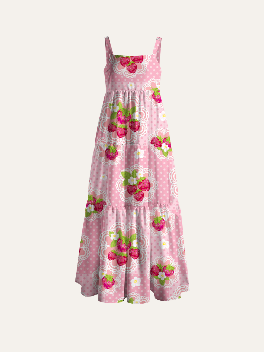 Cute Lace Strawberry Adjustable Wide Straps Maxi Dress