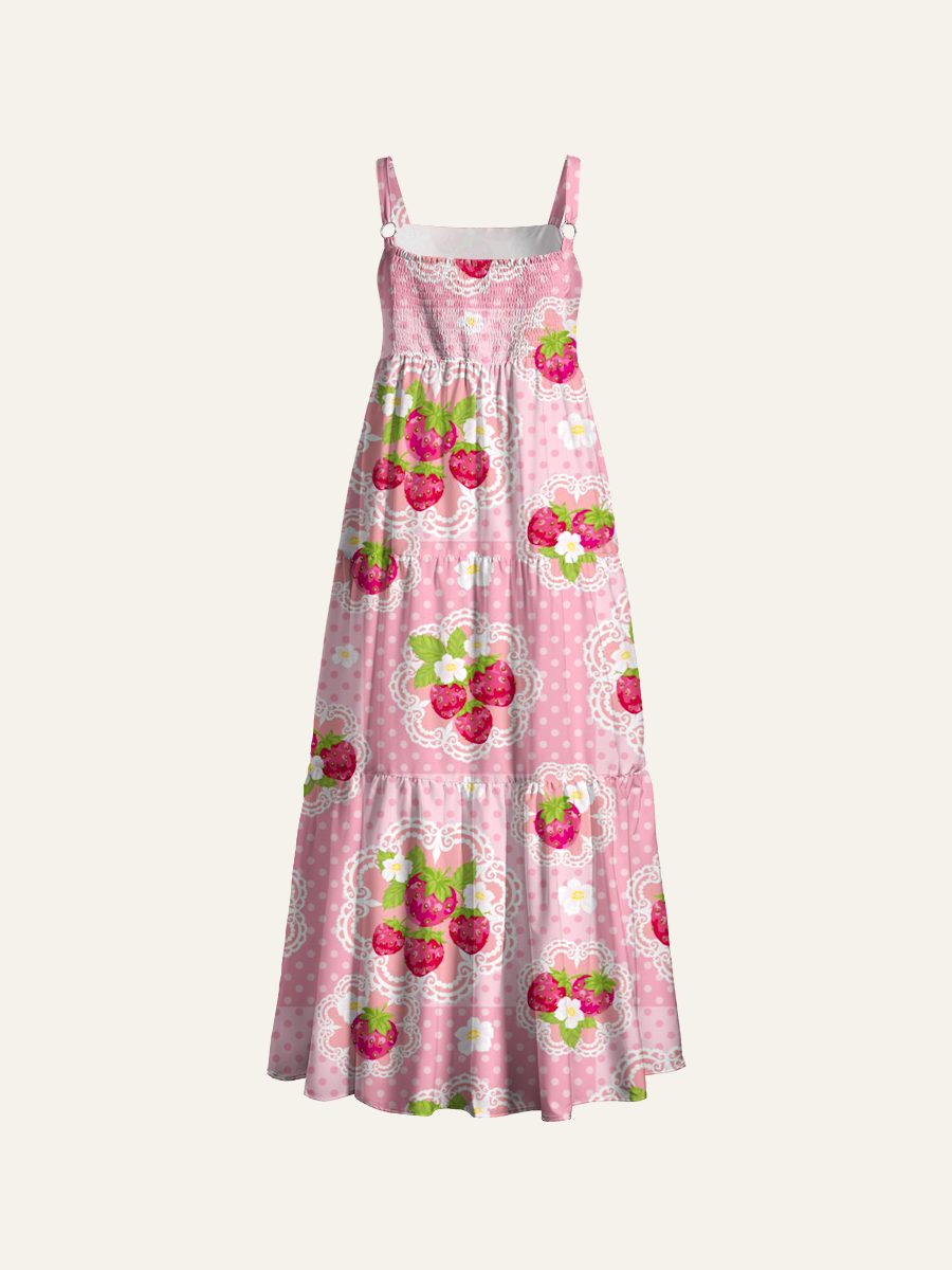 Cute Lace Strawberry Adjustable Wide Straps Maxi Dress