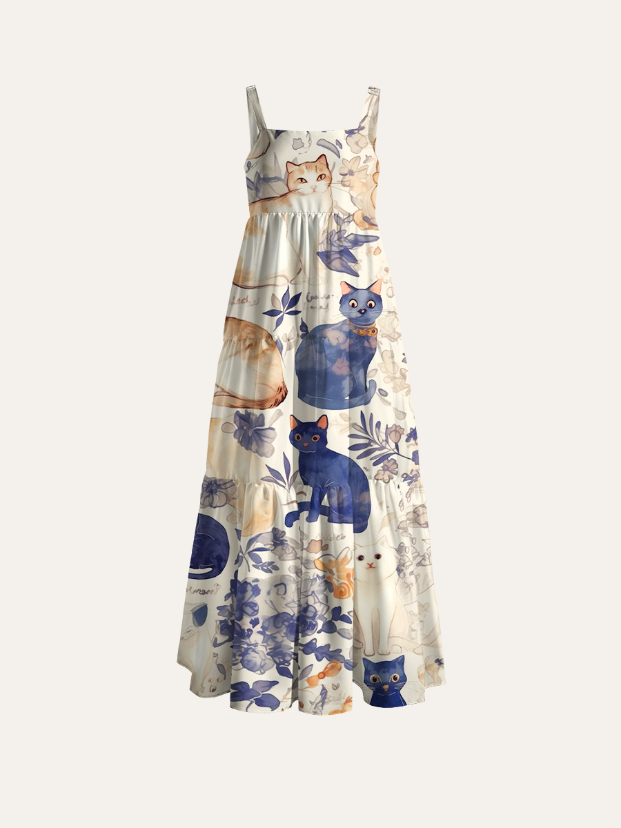 Pastel Watercolor Feline Friends Adjustable Wide Straps Maxi Dress