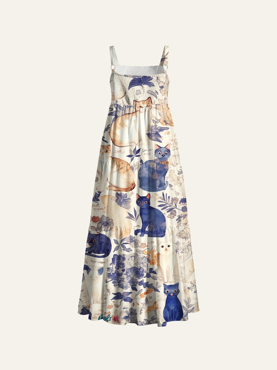Pastel Watercolor Feline Friends Adjustable Wide Straps Maxi Dress