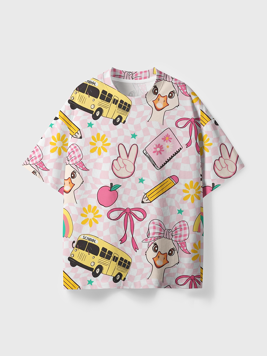 Vintage Pink Check Gingham Duck School Teacher All Over Print T-Shirt