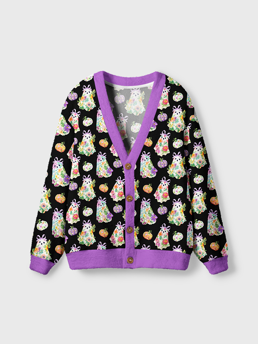 Vintage Watercolor Floral Ghost Pumpkin Halloween Cardigan Sweaters