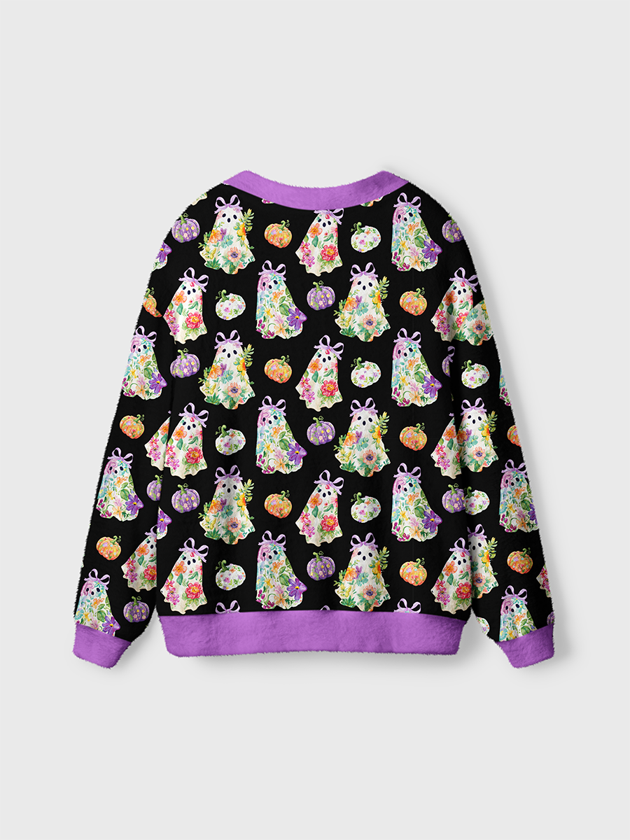 Vintage Watercolor Floral Ghost Pumpkin Halloween Cardigan Sweaters