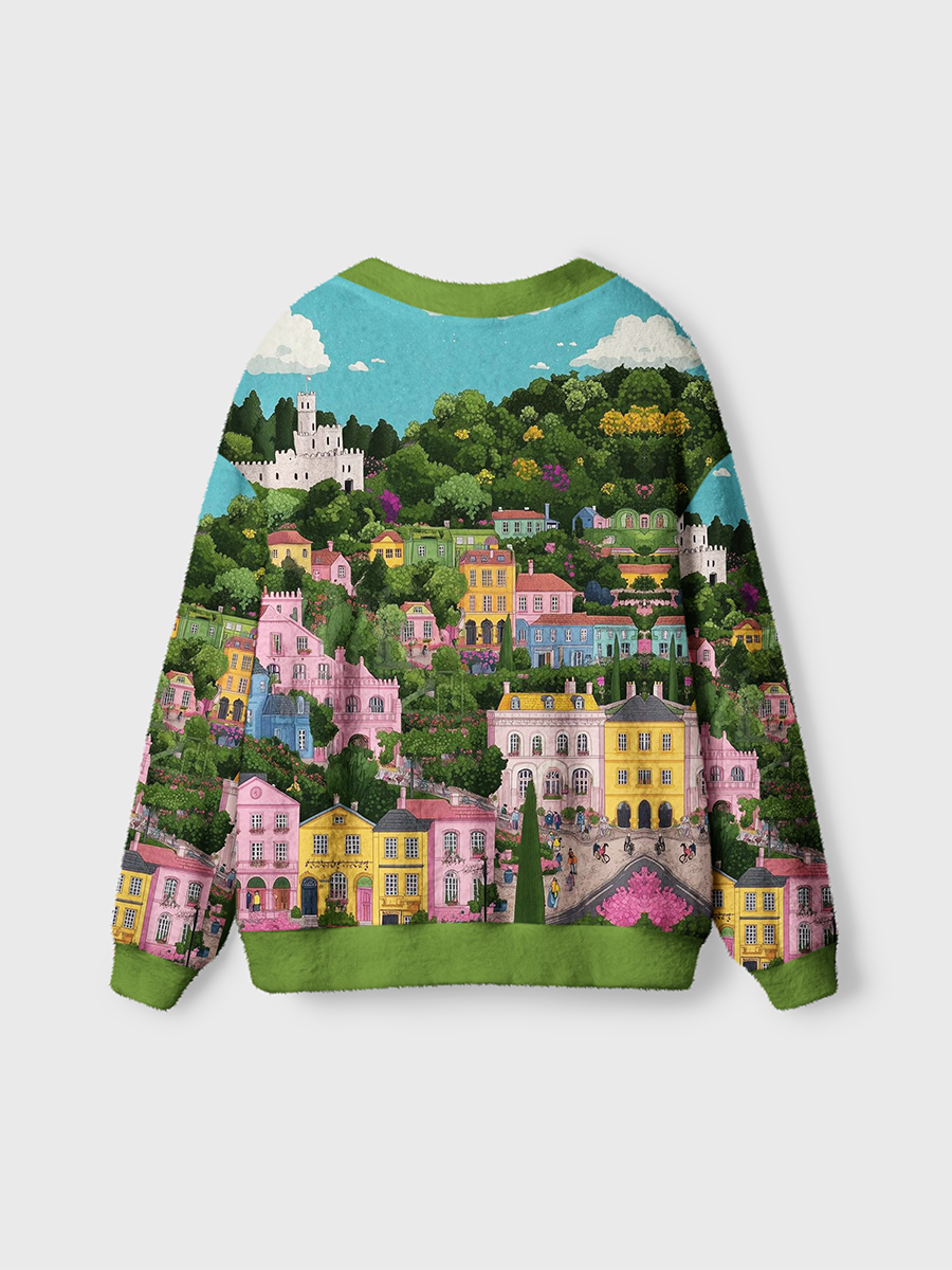 Vintage Whimsical Colorful Hill Town Fairytale Cardigan Sweaters