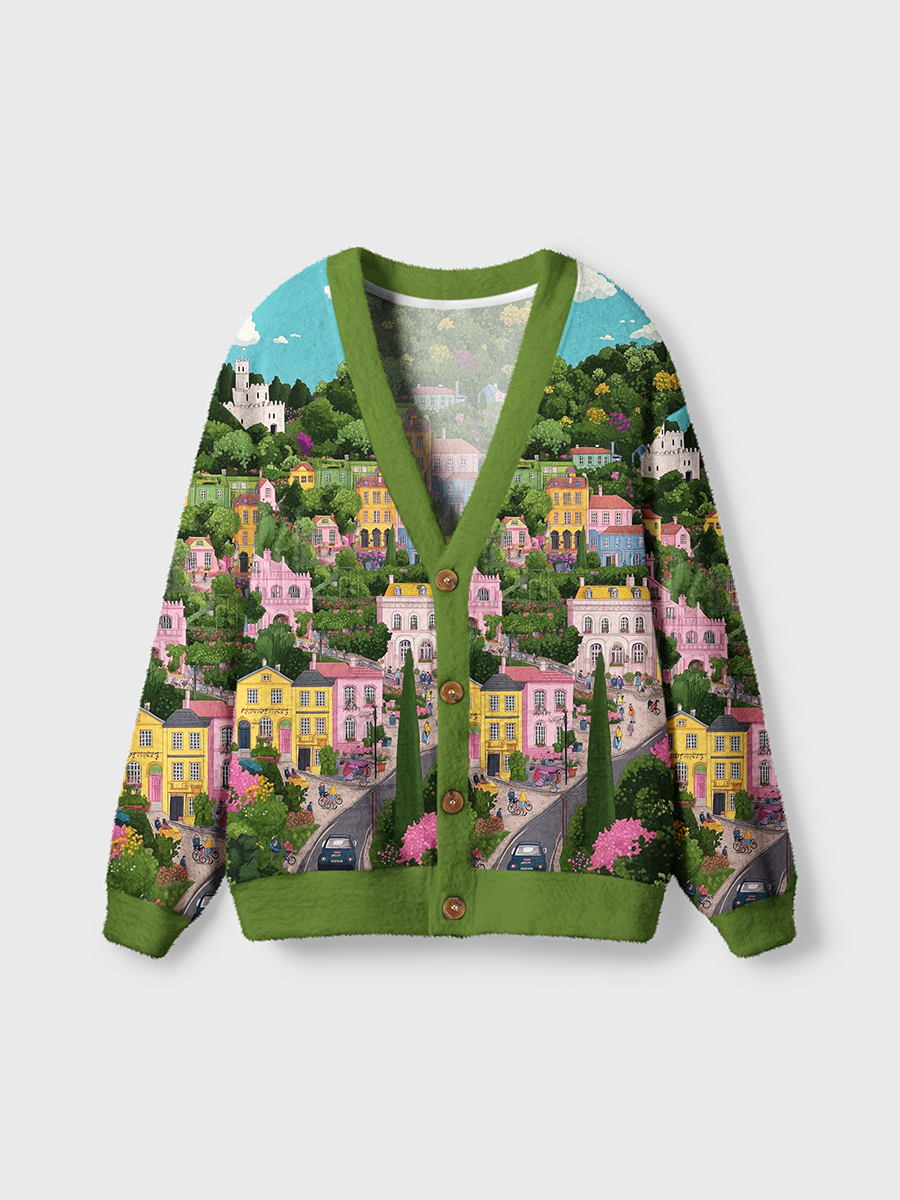 Vintage Whimsical Colorful Hill Town Fairytale Cardigan Sweaters