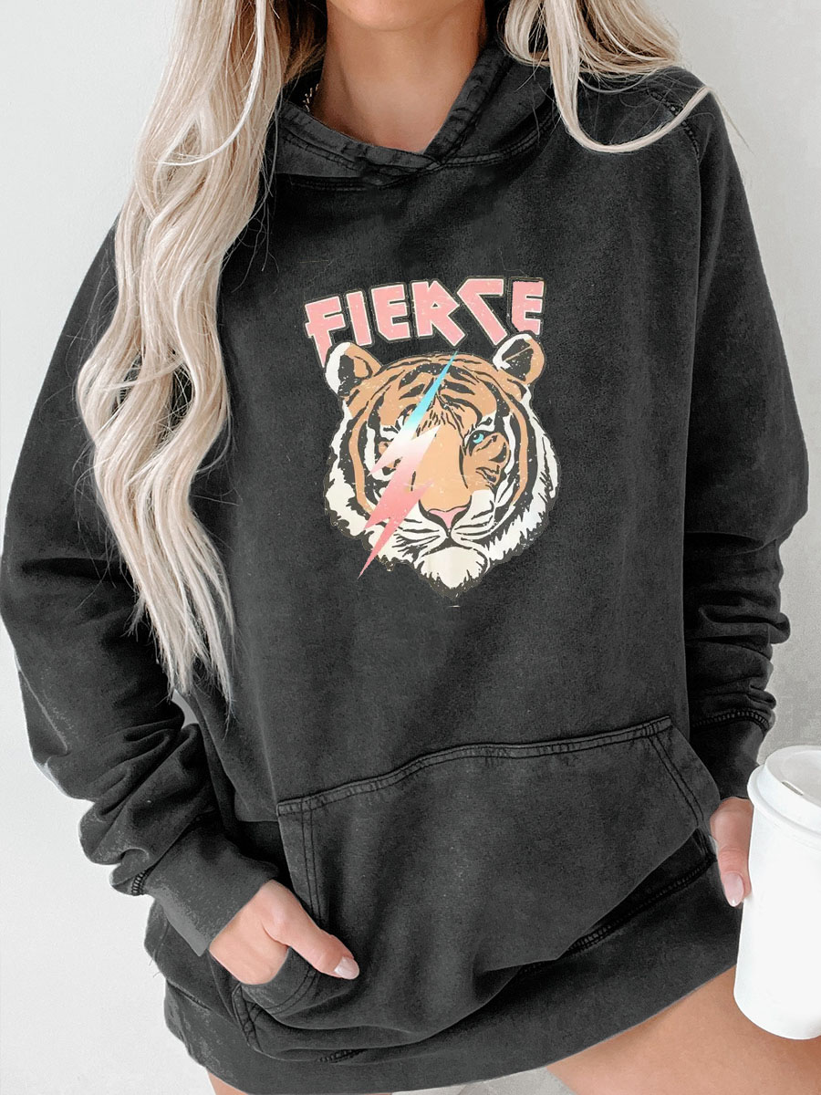 Fierce Vintage Tiger Oversized Graphic Washed Hoodie