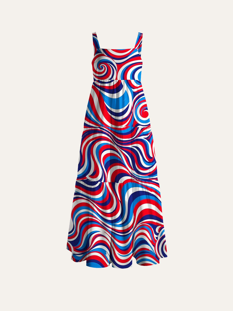 Retro Patriotic Swirl Stripe Adjustable Wide Straps Maxi Dress