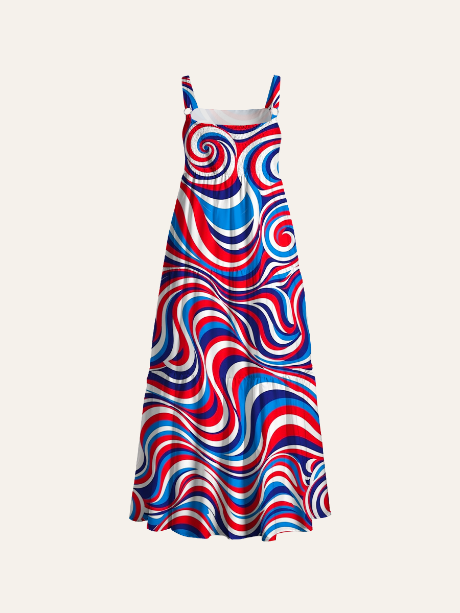 Retro Patriotic Swirl Stripe Adjustable Wide Straps Maxi Dress