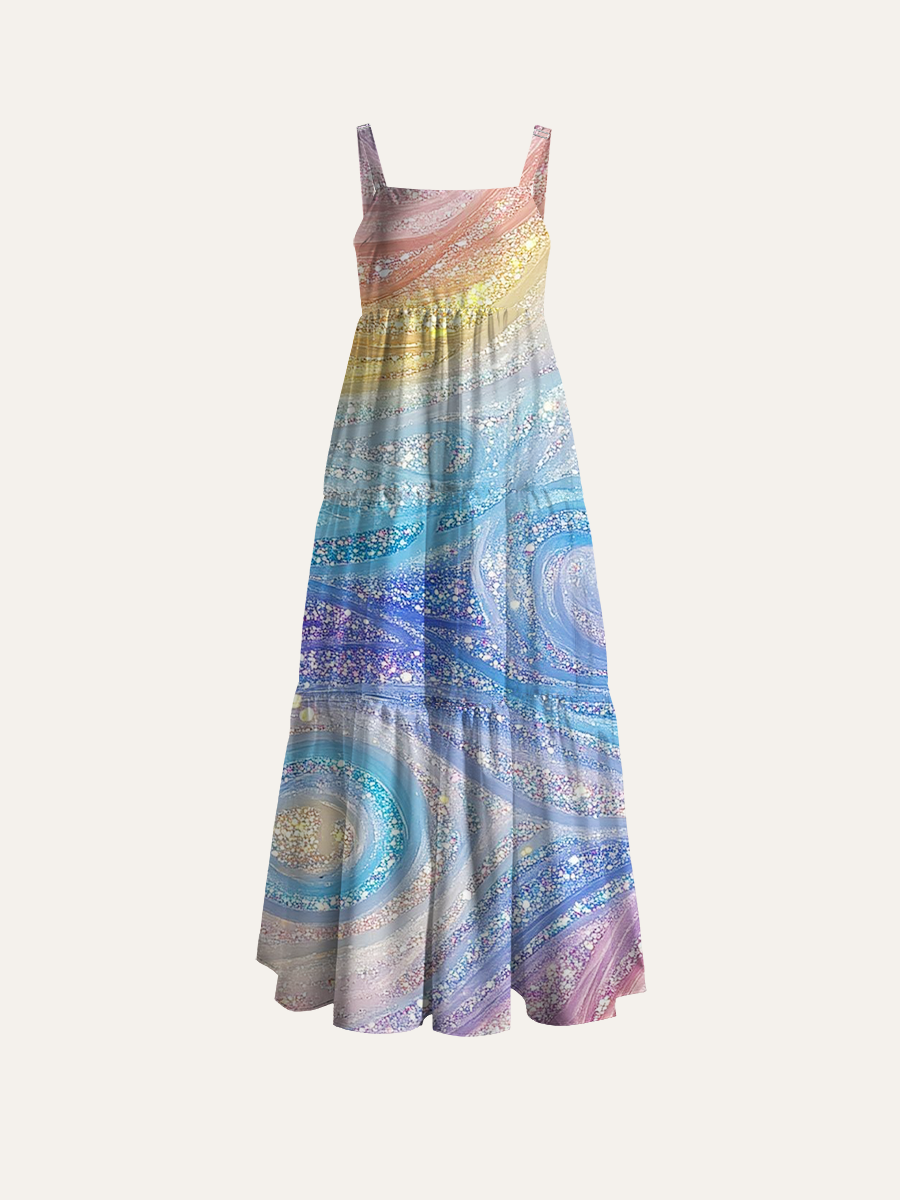 Glitter Rainbow Fluid Adjustable Wide Straps Maxi Dress