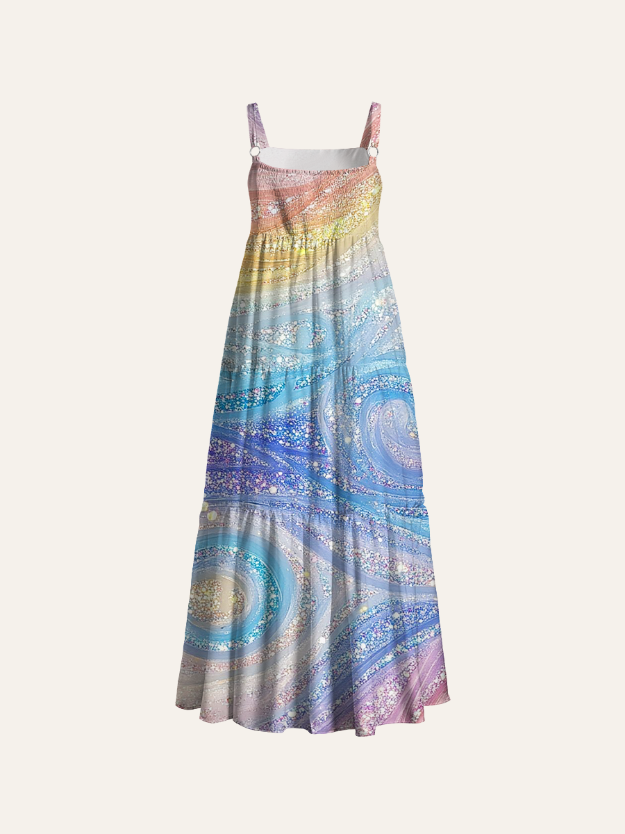 Glitter Rainbow Fluid Adjustable Wide Straps Maxi Dress