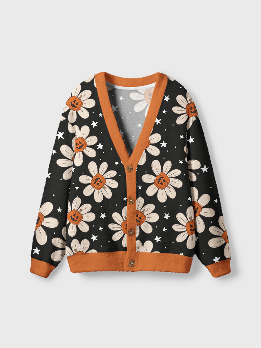 Vintage Fun Pumpkin‑Head Daisies Halloween Cardigan Sweaters