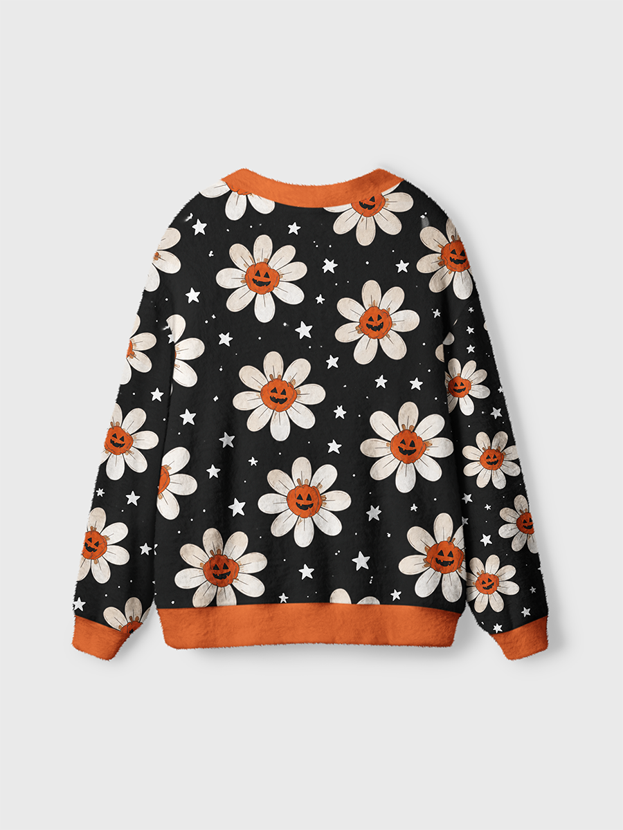 Vintage Fun Pumpkin‑Head Daisies Halloween Cardigan Sweaters