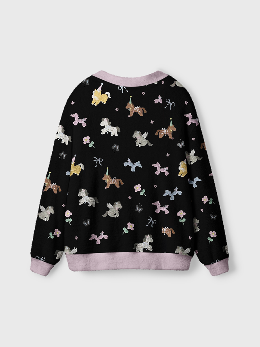 Vintage Cute Watercolor Party Ponies Bows Flowers Cardigan Sweaters