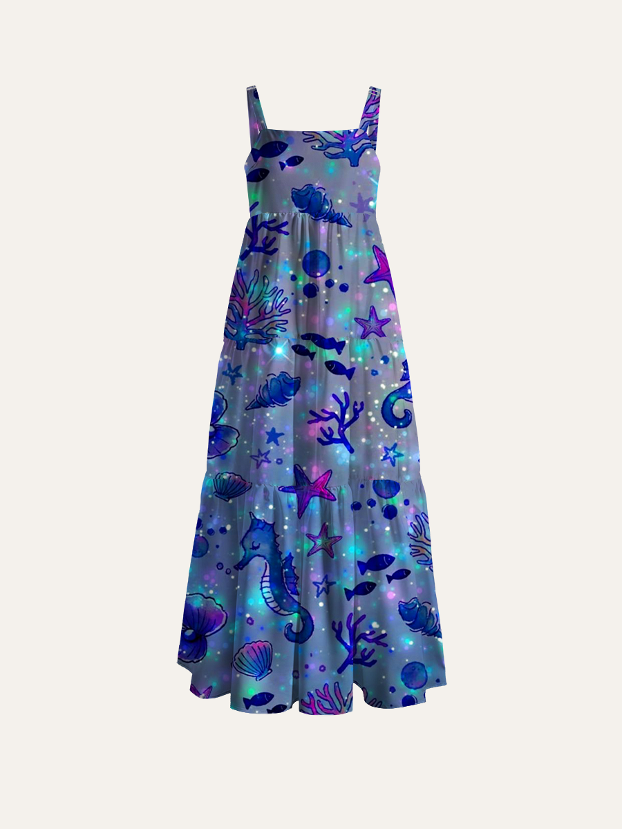 Holographic Glitter Seahorse Under Sea Adjustable Wide Straps Maxi Dress