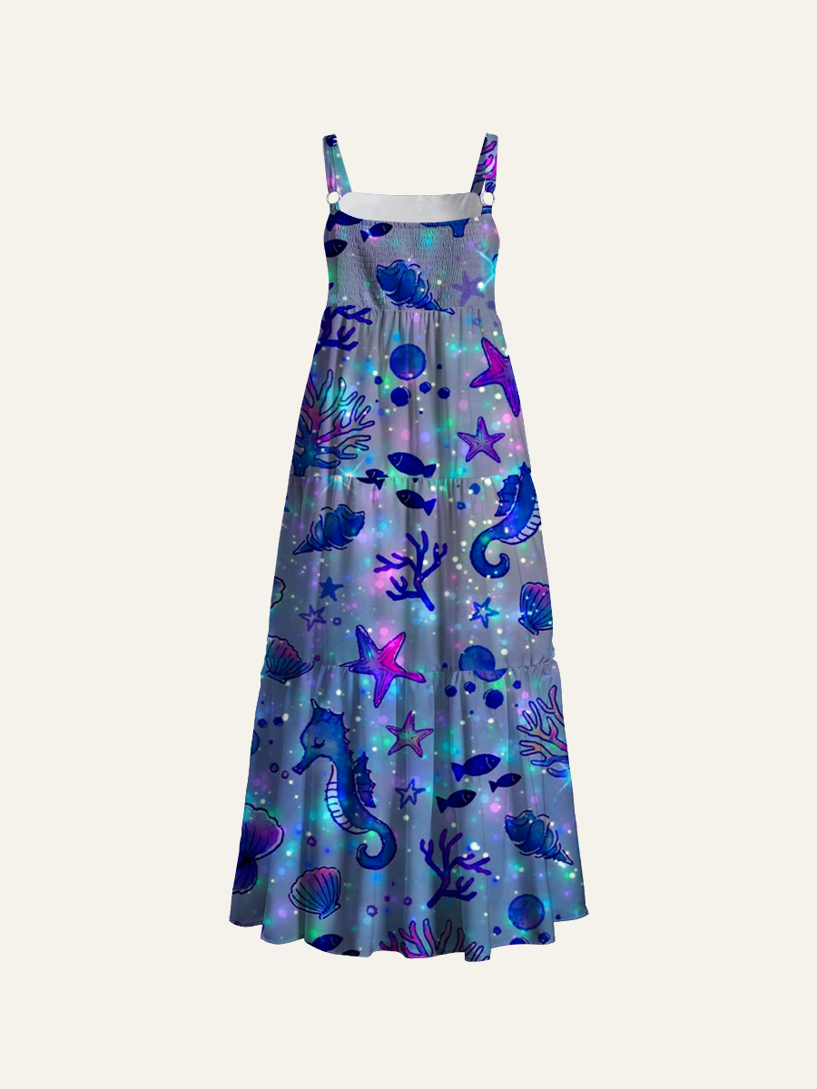 Holographic Glitter Seahorse Under Sea Adjustable Wide Straps Maxi Dress