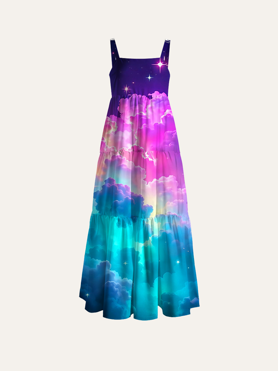 Glowing Multi-Color Star Sparkles Adjustable Wide Straps Maxi Dress