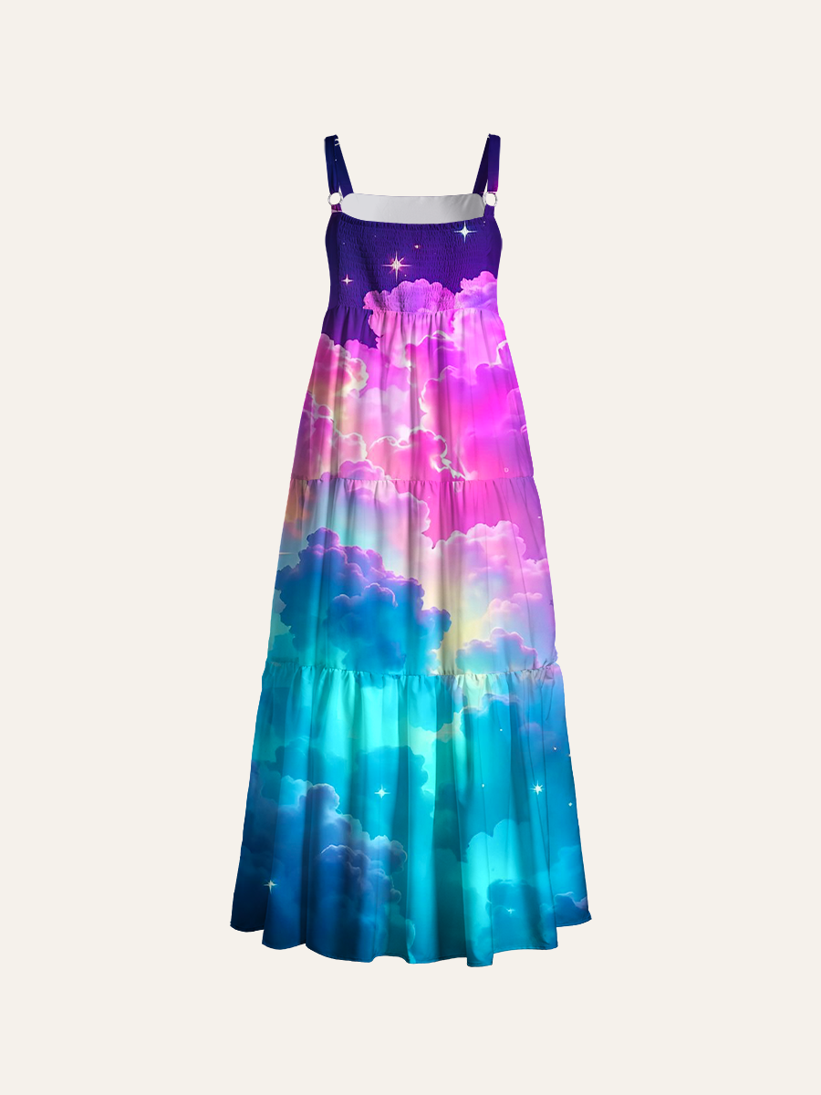 Glowing Multi-Color Star Sparkles Adjustable Wide Straps Maxi Dress