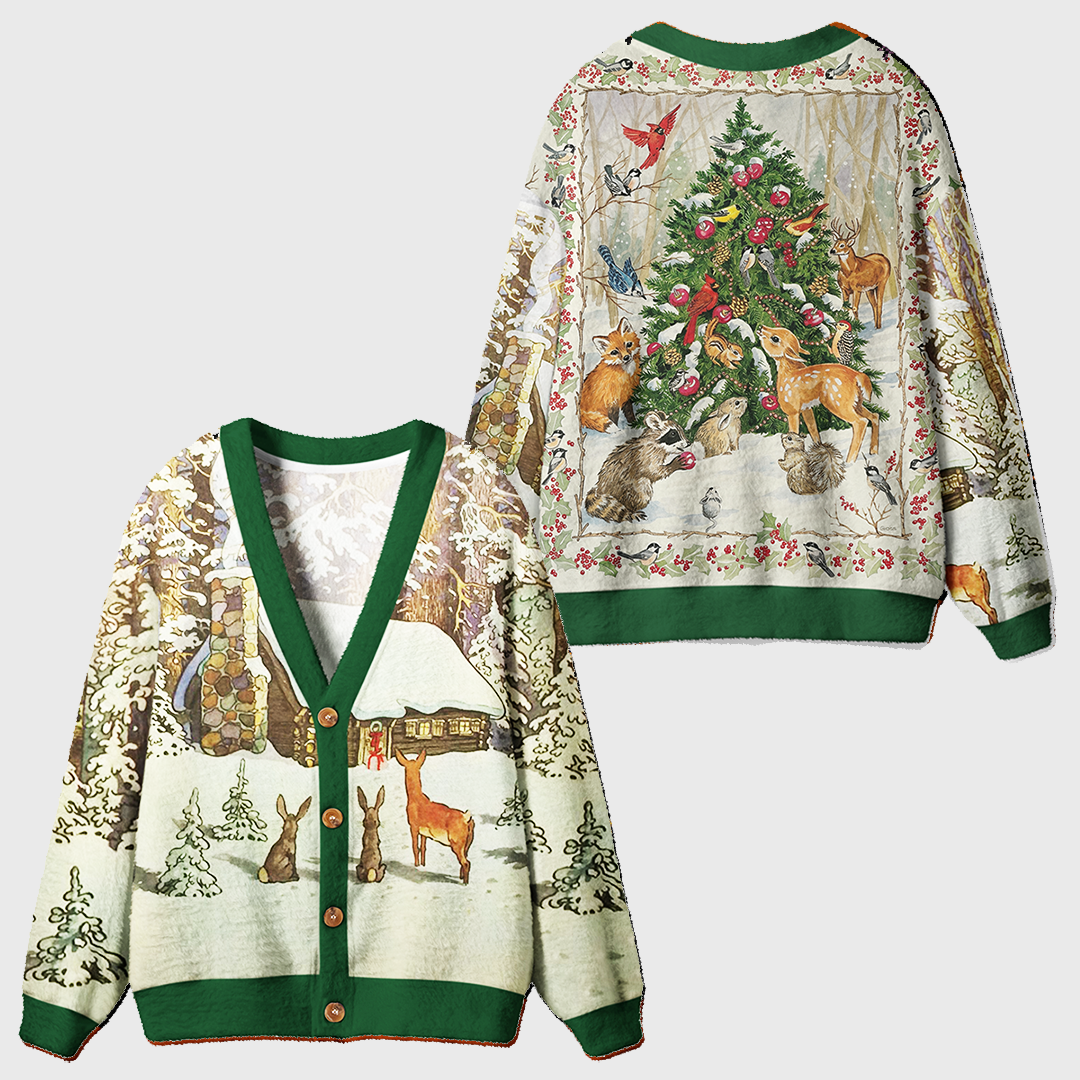 Vintage Watercolor Forest Animals Christmas Cardigan Sweaters