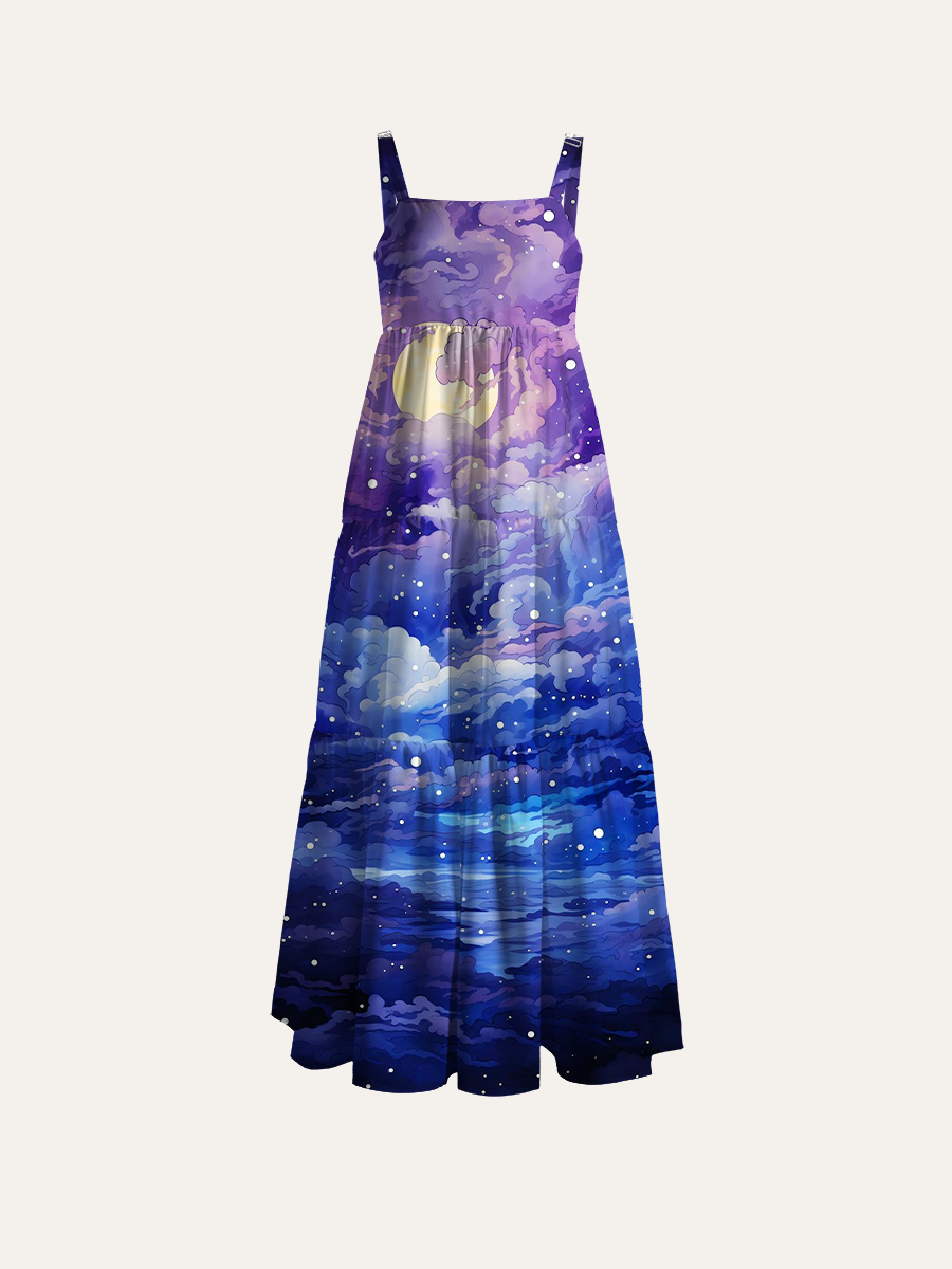 Swirling Wispy Purple Cloud Layers Ajustable Wide Straps Maxi Dress