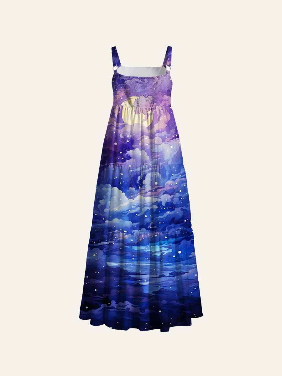 Swirling Wispy Purple Cloud Layers Ajustable Wide Straps Maxi Dress