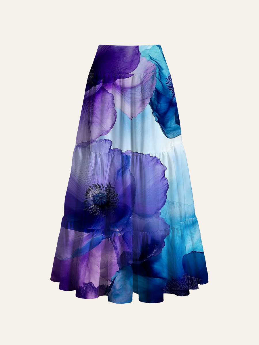 Translucent Blue Purple Poppy Alcohol Ink Floral Allover Convertible Maxi Skirts