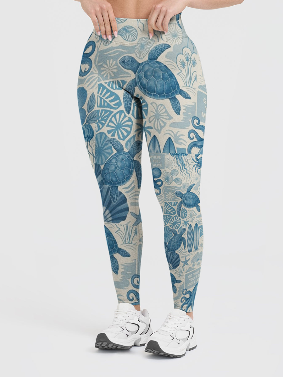 Vintage Coastal Blue Sea Turtle Collage Starburst Leggings