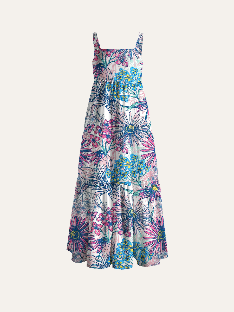 Sketchbook Floral Pattern Adjustable Wide Straps Maxi Dress