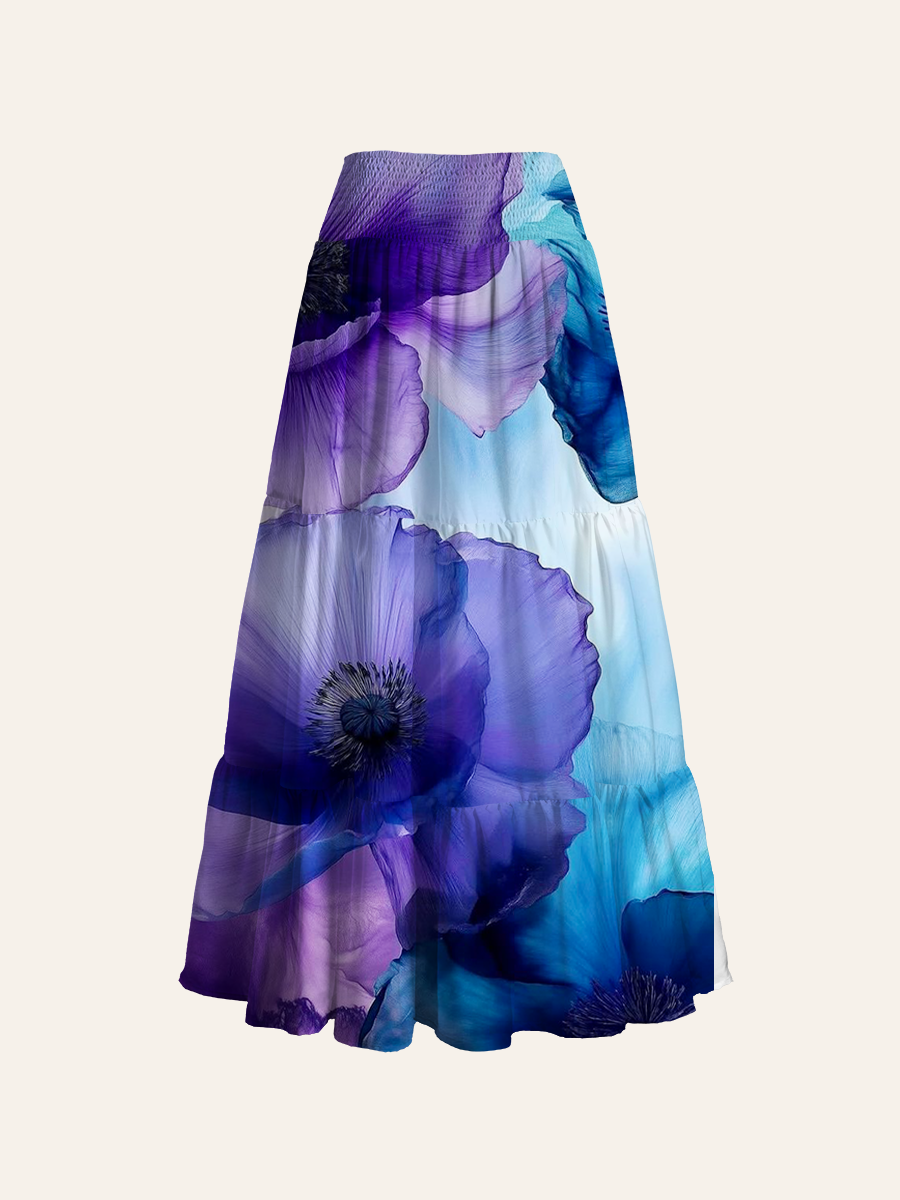 Translucent Blue Purple Poppy Alcohol Ink Floral Allover Convertible Maxi Skirts