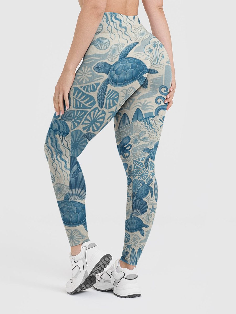 Vintage Coastal Blue Sea Turtle Collage Starburst Leggings