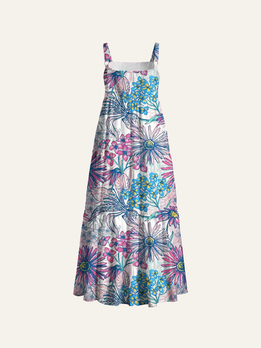 Sketchbook Floral Pattern Adjustable Wide Straps Maxi Dress