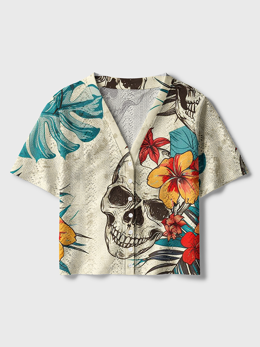 Vintage Tropical Skull Plumeria Tattoo Crochet Button Down Cardigan