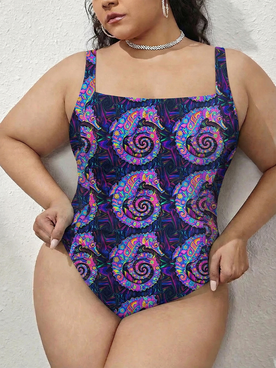 Vintage Psychedelic Spiral Seahorse Gathered Swimsuit