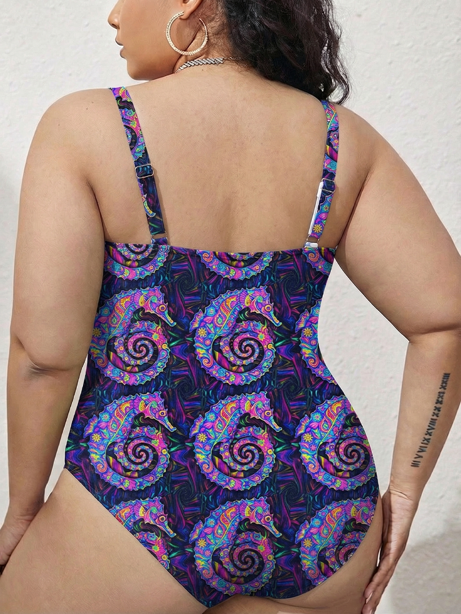 Vintage Psychedelic Spiral Seahorse Gathered Swimsuit