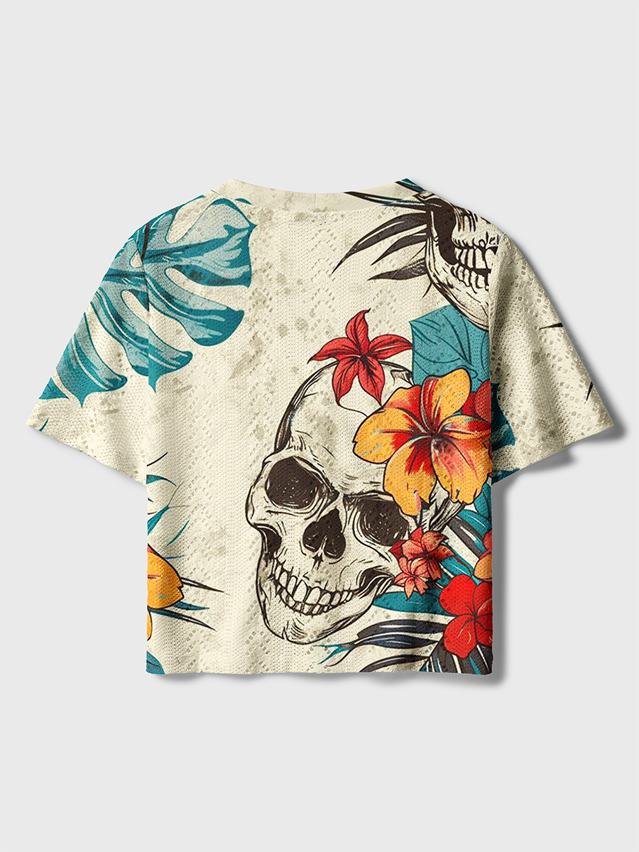 Vintage Tropical Skull Plumeria Tattoo Crochet Button Down Cardigan