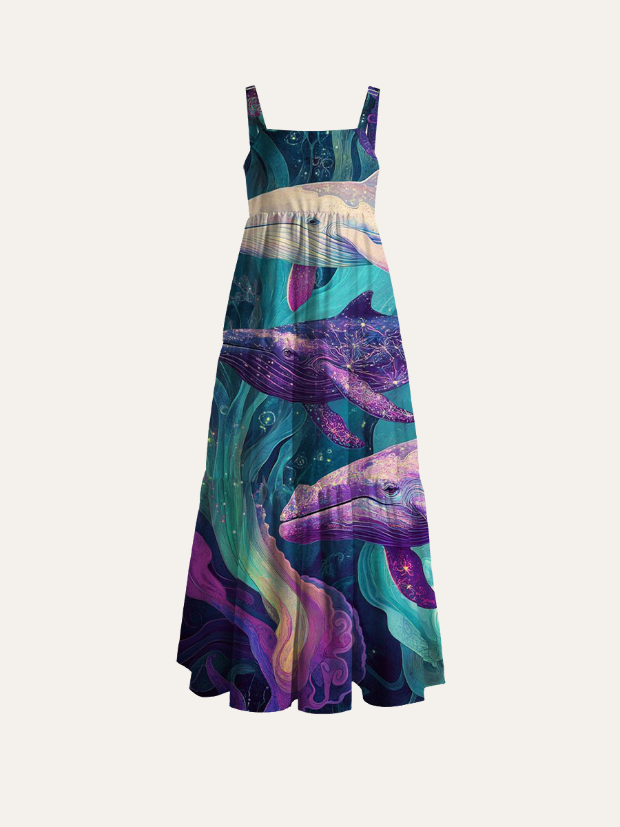 Psychedelic Cosmic Whale Ocean Adjustable Wide Straps Maxi Dress