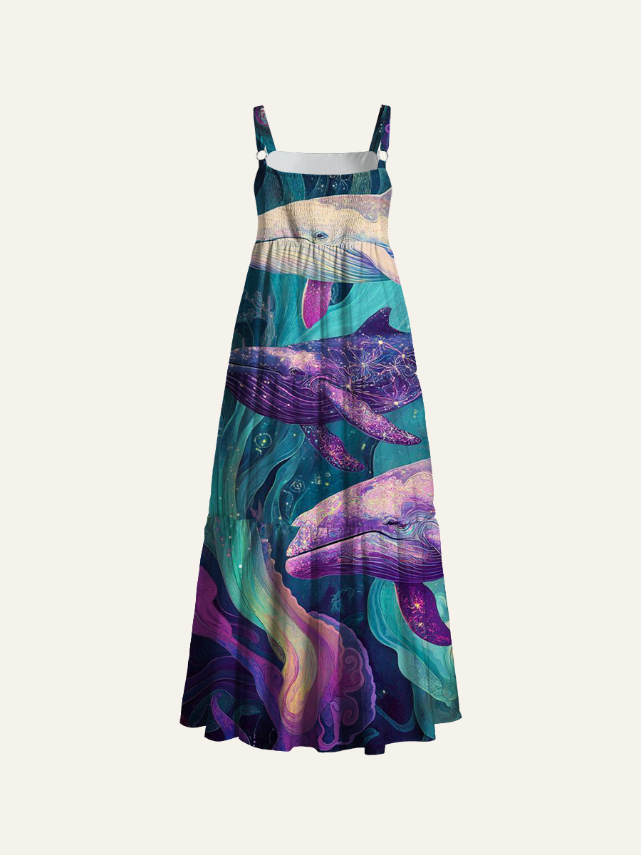 Psychedelic Cosmic Whale Ocean Adjustable Wide Straps Maxi Dress