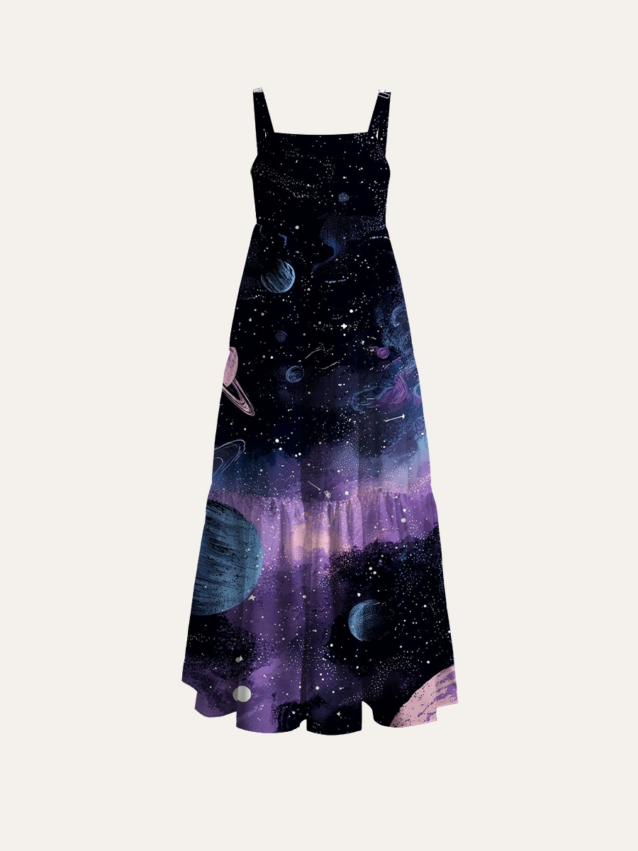Pastel Purple-Blue Nebula Mist Ajustable Wide Straps Maxi Dress