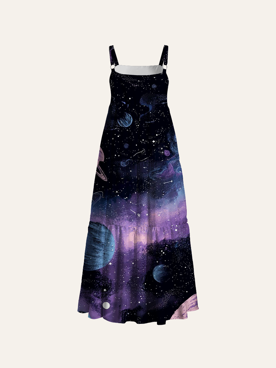 Pastel Purple-Blue Nebula Mist Ajustable Wide Straps Maxi Dress