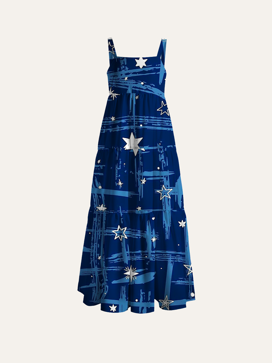 Navy Star Plaid Adjustable Wide Straps Maxi Dress