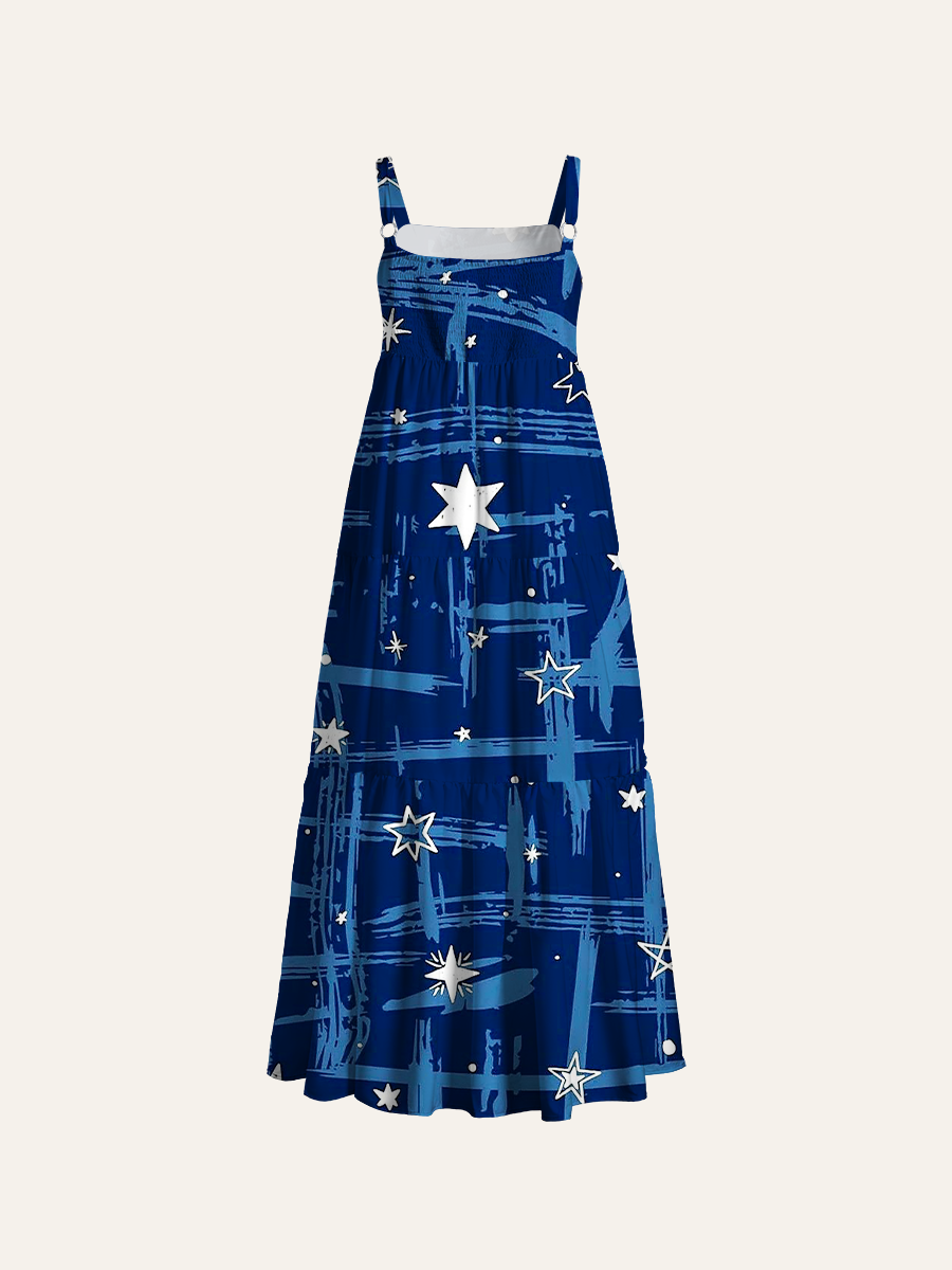 Navy Star Plaid Adjustable Wide Straps Maxi Dress