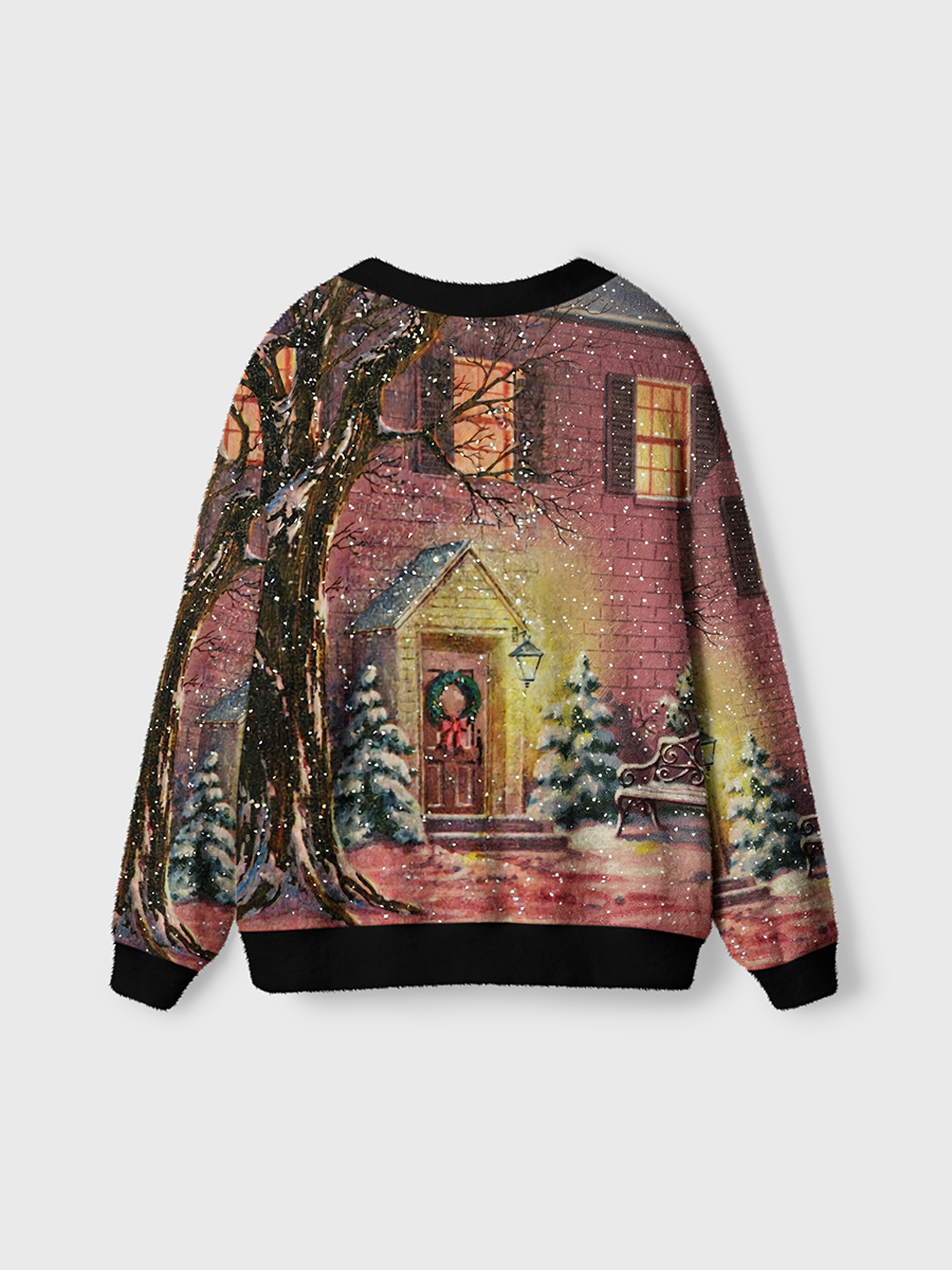 Vintage Oil Painting Christmas Snowy House Cardigan Sweaters