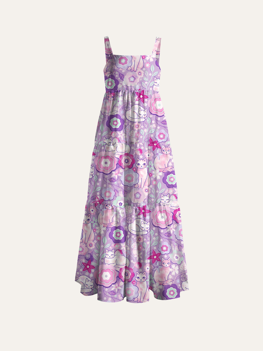 Watercolor Cat Floral Cottagecore Ajustable Wide Straps Maxi Dress